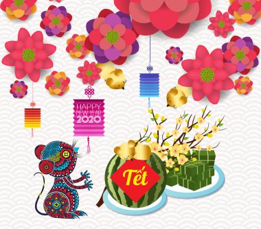 Pişmiş kare yapışkan pirinç kek ve çiçek, Vietnam yeni ye