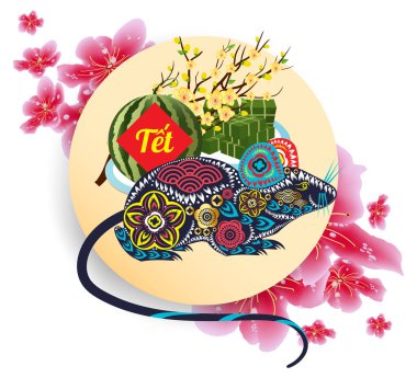 Kare yapışkan pirinç keki ve çiçeği, Vietnamca yeni yıl pişmiş. Çeviri Tet ay yeni yıl