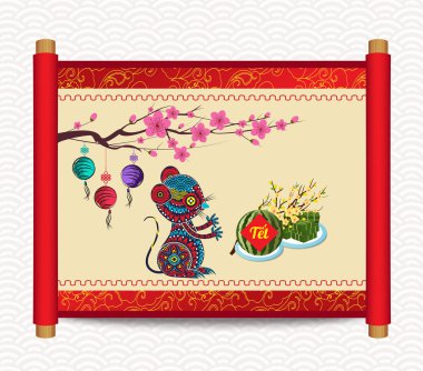 Kare yapışkan pirinç keki ve çiçeği, Vietnamca yeni yıl pişmiş. Çeviri Tet ay yeni yıl 