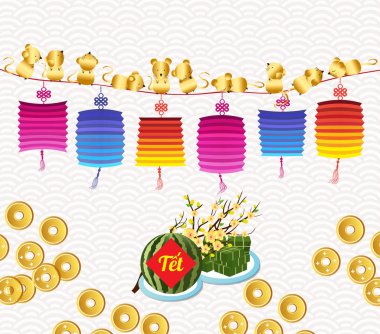  Pişmiş kare yapışkan pirinç kek ve fener, Vietnam yeni yıl. Çeviri Tet Lunar yeni yıl 