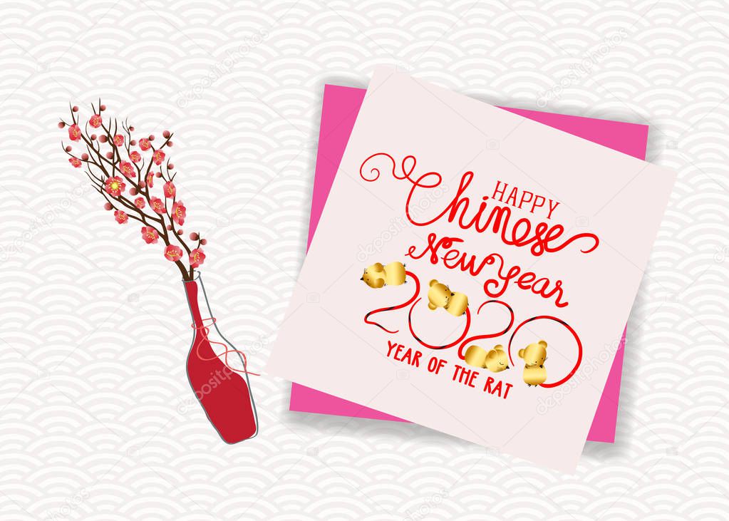 Happy Chinese New Year 2020 year of the rat. Chinese characters mean Happy New Year, wealthy, Zodiac sign for greetings card, flyers, invitation, posters, brochure, banners, calendar. 