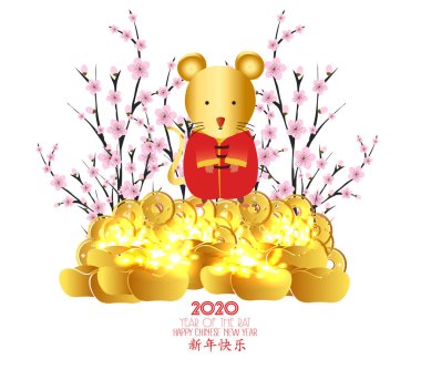 Karikatür sevimli sıçan büyük Çin altın Ingot taşıyan. Farenin 2020 yılı. Çin Yeni Yılı. Çeviri Mutlu Yıllar 