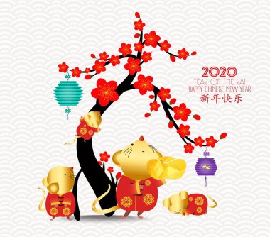 Resmin geleneksel Çin el parşömeni. Farenin 2020 yılı. Çin Yeni Yılı. Çeviri Mutlu Yıllar