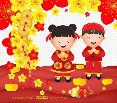 Sevimli erkek, kız ve sıçan ile Mutlu Çin Yeni Yılı. Çeviri Mutlu Yıllar 