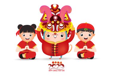 2020 Çin yeni yıl - Rat Yılı. Beyaz arka plan üzerinde izole farklı poz sevimli karikatür sıçan ve çocuklar kümesi. Çeviri Mutlu Yıllar