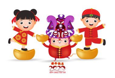 2020 Çin yeni yıl - Rat Yılı. Beyaz arka plan üzerinde izole farklı poz sevimli karikatür sıçan ve çocuklar kümesi. Çeviri Mutlu Yıllar