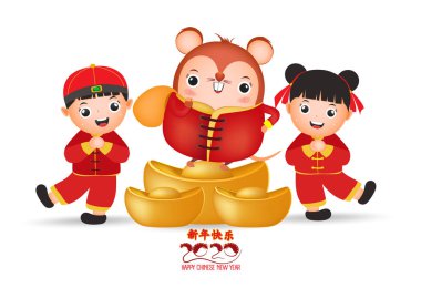 2020 Çin yeni yıl - Rat Yılı. Beyaz arka plan üzerinde izole farklı poz sevimli karikatür sıçan ve çocuklar kümesi. Çeviri Mutlu Yıllar