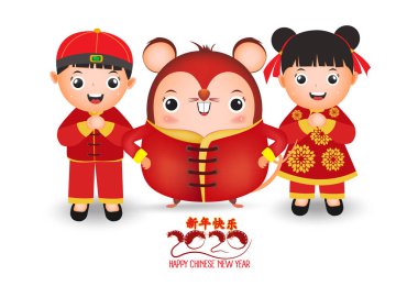 2020 Çin yeni yıl - Rat Yılı. Beyaz arka plan üzerinde izole farklı poz sevimli karikatür sıçan ve çocuklar kümesi. Çeviri Mutlu Yıllar