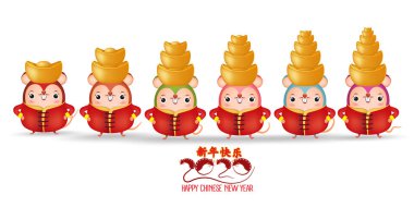 2020 Çin yeni yıl - Rat Yılı. Beyaz arka plan üzerinde izole farklı poz sevimli karikatür sıçan seti. Çeviri Mutlu Yıllar