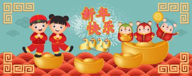 Mutlu Yıllar 2020. Çocuklarla Çin Yeni Yılı. Fare yılı. Çeviri Çince yeni yıl