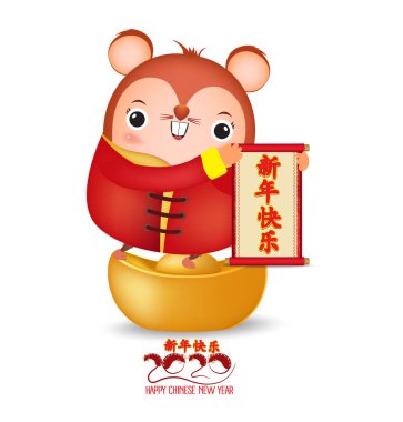 Mutlu Yıllar 2020. Çin parşömeni olan küçük fare. Fare yılı. Çeviri Mutlu Yıllar. Beyaz arka planda izole Rat Cartoon vektör illüstrasyon