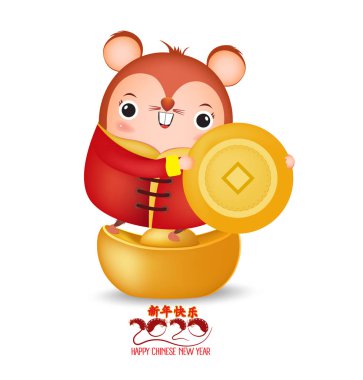 appy Yeni Yıl 2020. Çin parşömeni olan küçük fare. Fare yılı. Çeviri Mutlu Yıllar. Beyaz arka planda izole Rat Cartoon vektör illüstrasyon