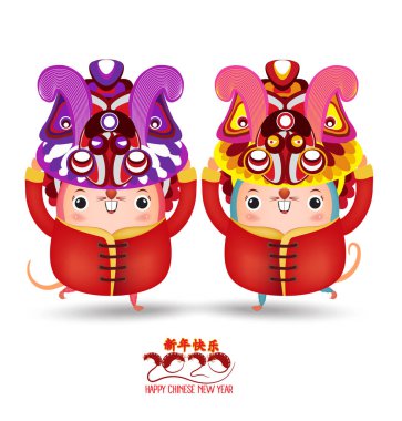 Mutlu Yıllar 2020. Çin aslanı dans eden kafası olan küçük bir sıçan. Fare yılı. Çeviri Mutlu Yıllar. Beyaz arka planda izole Rat Cartoon vektör illüstrasyon