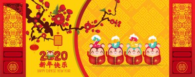 2020 Çin yeni yıl - Rat Yılı. Sevimli aile mutlu gülümseme. Çiçek çiçek arka plan. Çeviri Mutlu Yıllar 