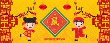 Çin yeni yılı - Sıçan Yılı. Erkek ve kız mutlu bir gülümseme. Çiçek çiçek arka plan. Çeviri fare