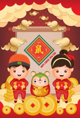 2020 Çin yeni yıl - Rat Yılı. Çinli erkek ve kız mutlu gülümseme yaratıcı poster. Çeviri fare