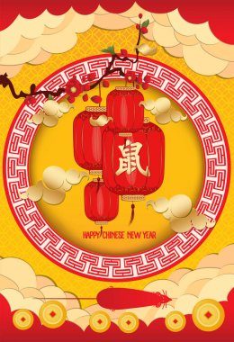 2020 Çin yeni yıl - Rat Yılı. Çin kiraz çiçeği yaratıcı poster. Çeviri mutlu yeni yıl