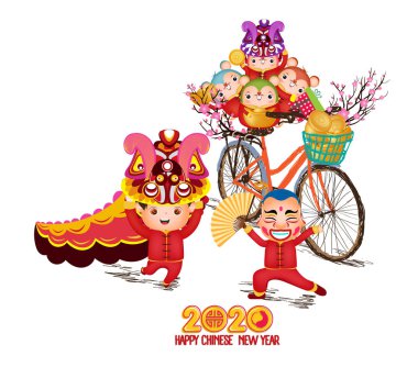 Mutlu Çince yeni yıl - 2020 metin ve sıçan zodyak ve bisiklet.
