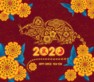 Mutlu Çin Yeni Yılı 2020 yıl sıçan kağıt kesme tarzı. Tebrik kartı için burç. Çeviri Fare