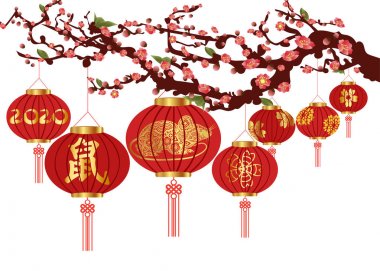 Mutlu Çin Yeni Yılı 2020 Arka Fenerler ve kiraz çiçeği ile. Çeviri Fare