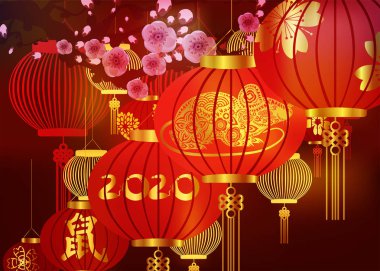 Mutlu Çin Yeni Yılı 2020 Arka Fenerler ve kiraz çiçeği ile. Çeviri Fare