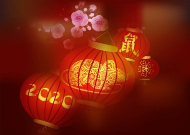 Mutlu Çin Yeni Yılı 2020 Arka Fenerler ve kiraz çiçeği ile. Çeviri Fare