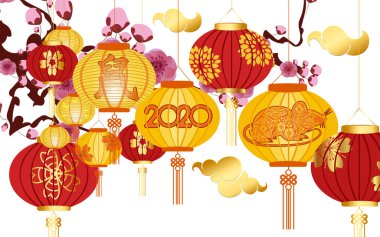 Mutlu Çin Yeni Yılı 2020 Arka Fenerler ve kiraz çiçeği ile. Çeviri Fare