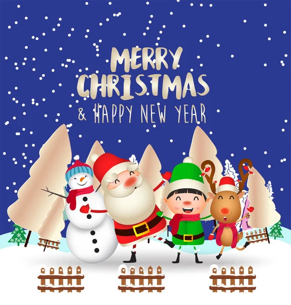 メリークリスマスと新年おめでとうクリスマスかわいい動物のキャラクター ハッピークリスマスコンパニオン 冬の風景 — ストックベクタ