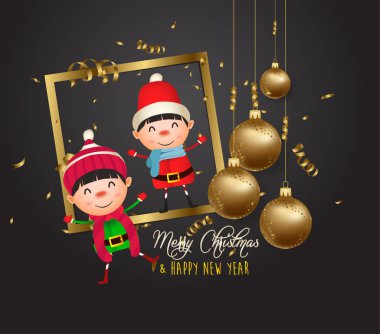 happy new year 2020 gold and black collors place for text christmas balls and kids  clipart