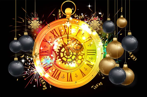 Frohes Neues Jahr 2020 Hintergrund Mit Weihnachtsuhr Gold Und Feuerwerk — Stockvektor