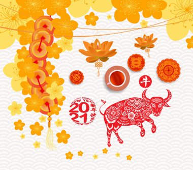 2021 yılının oryantal Çin Yeni Yılı arkaplanı fener, çay ve kek ile. Öküz Yılı (Çince çeviri: Mutlu Çin Yeni Yılı, Öküz Yılı)
