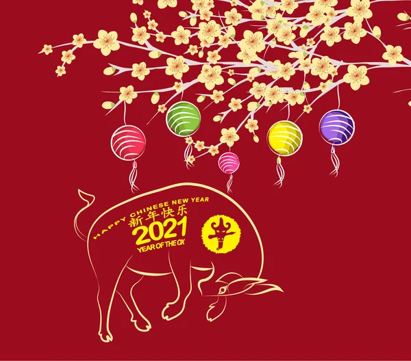 Ano Novo Chinês Tradicional 2021 Flor Fundo Lanterna Ano Boi — Vetor de Stock