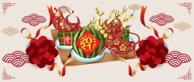 Kabilenin tarzında bir öküz ve yeni yılın metni ile pankart (Çince çevirisi Mutlu Çince yeni yıl 2021, öküz yılı)