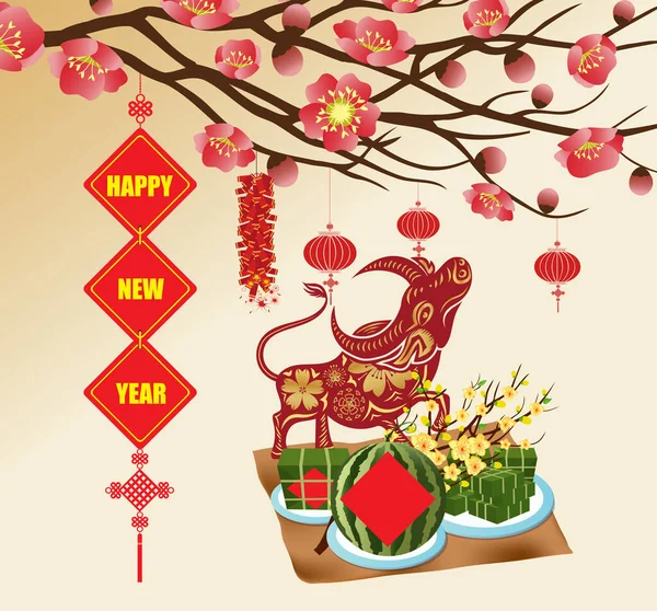 Chinese New Year 2021 Background Blooming Sakura Branches Vietnamese New — Stock Vector
