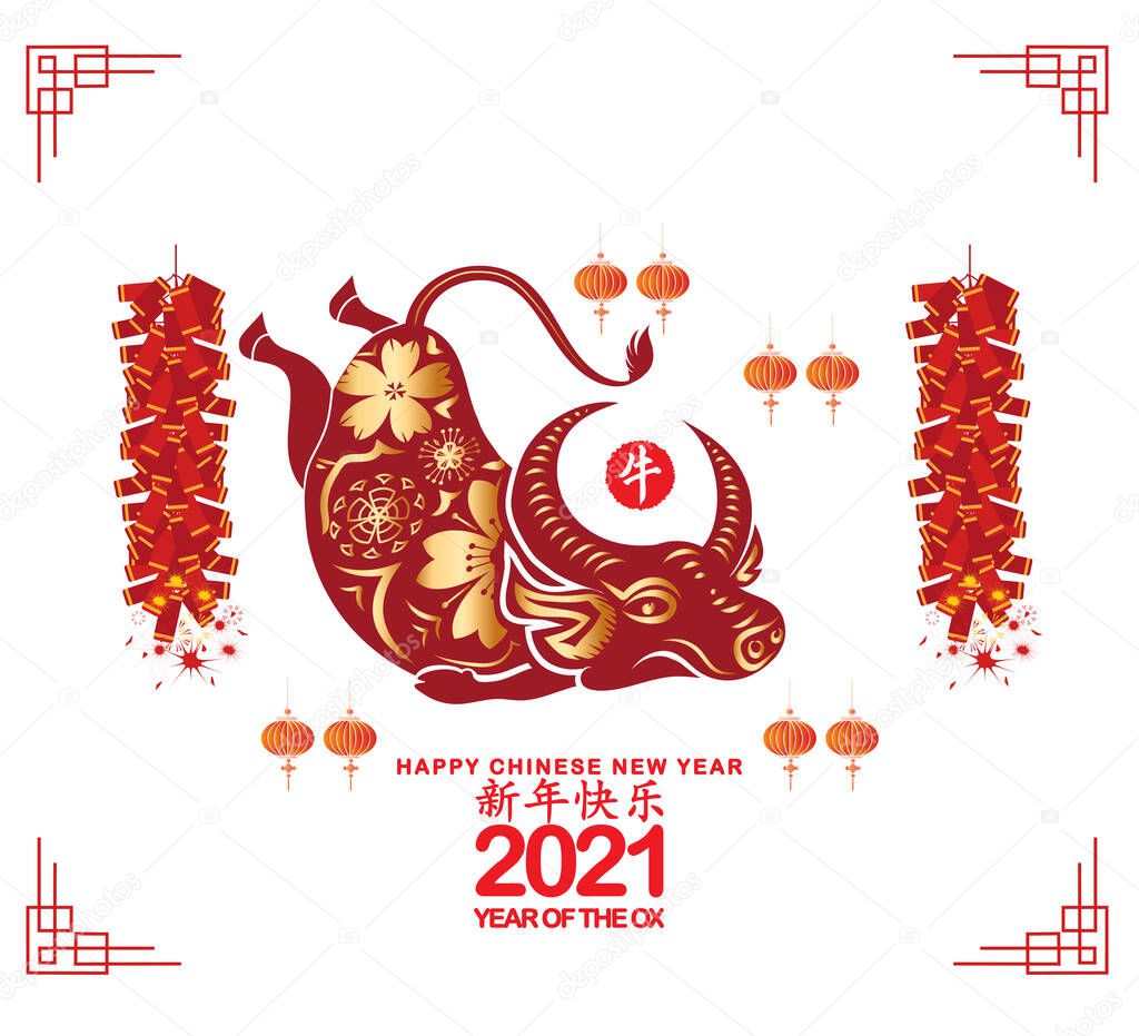 Ox chinese new year ox with blossom and icon element (Chinese translation Happy chinese new year 2021, year of ox)