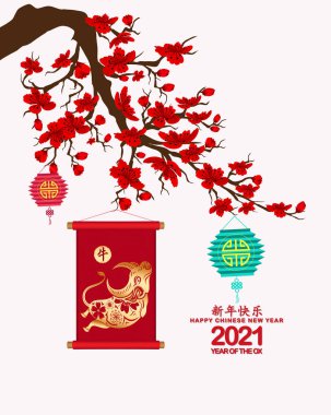 Ox 'la geleneksel Çin el yazması yılı. Kiraz çiçeği arkaplanı (Çince çeviri Mutlu Çin Yeni Yılı 2021, öküz yılı)