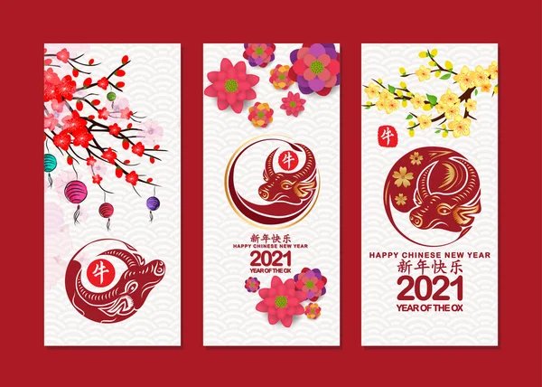 Vertical Hand Drawn Banners Set Chinese New Year Čínský Překlad — Stockový vektor