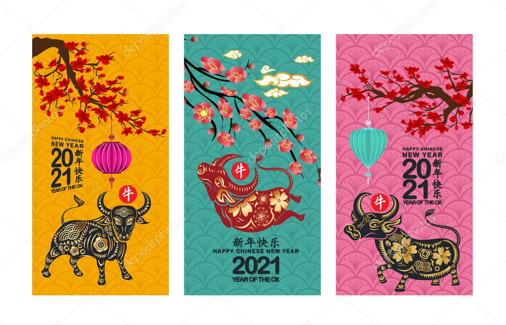 Set banner happy new year Ox greeting card (Chinese translation Happy chinese new year 2021, year of ox)