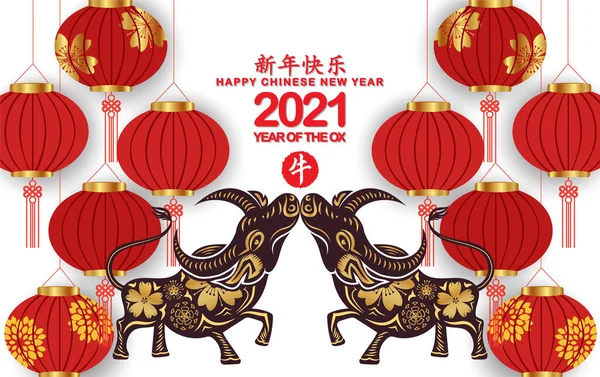 Mutlu Çin Yeni Yılı 2021 Fenerleri beyaz arka planda izole edilmiş olan Fenerler (Çince çeviri: Mutlu Çin Yeni Yılı 2021, öküz yılı))