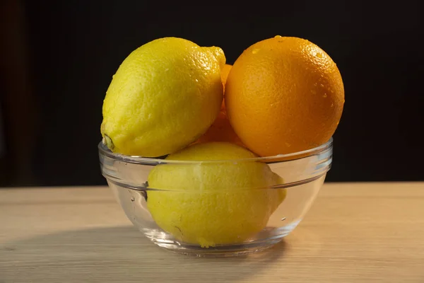 Fresh Fruit Oranges Lemons Glass Vase — Stock Photo, Image