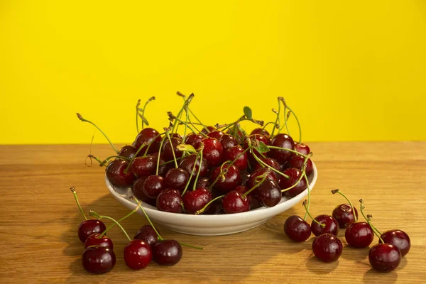 Ripe Red Cherry Wooden Table — Stock Photo, Image