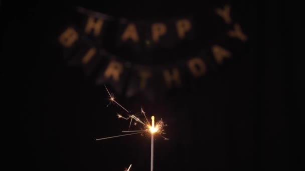 Close Sparkler Black Isolated Background Inscription Happy Birthday Golden Letters — Stock Video