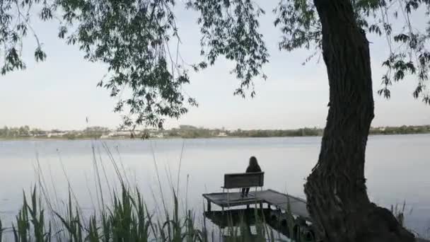 Dziewczyna Siedząca Molo Ławka Nad Jeziorem Pod Wierzbą Ogólna Fotografia — Wideo stockowe
