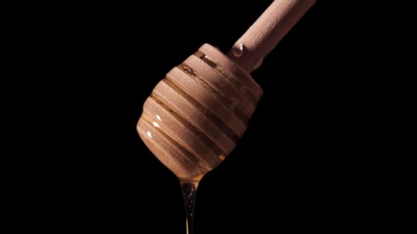 Wooden Stick Honey Close Black Isolated Background Honey Natural Useful — Stock Video