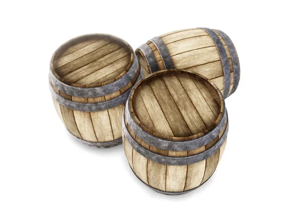 Three old wooden barrels isolated on white background. 3d render — Stock Photo, Image