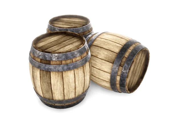 Three Old Wooden Barrels Isolated White Background Rendering Old Wine — Stock Photo, Image