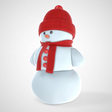 Kırmızı şapkalı kardan adam. 3d render illüstrasyon.