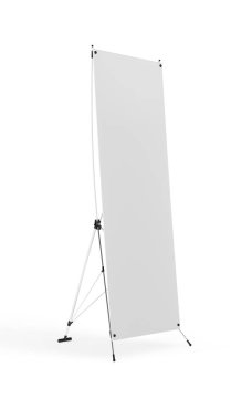 Tasarımın için X-stand. Boş beyaz 3d render illüstrasyon.