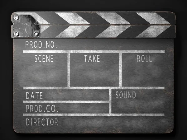 Clapperboard en una vista frontal de fondo oscuro. renderizado 3d . — Foto de Stock