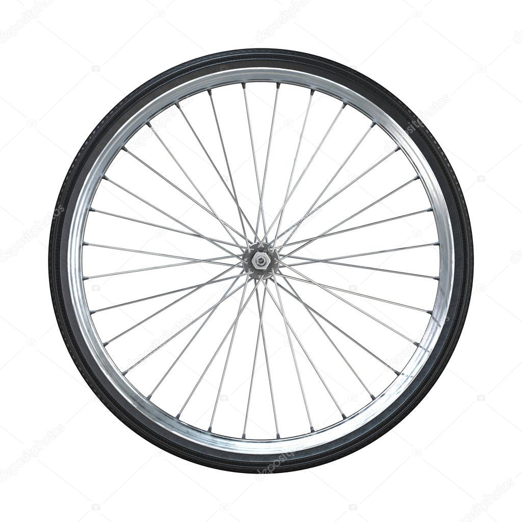 Bicycle wheel isolated on white background. Side view. 3d render